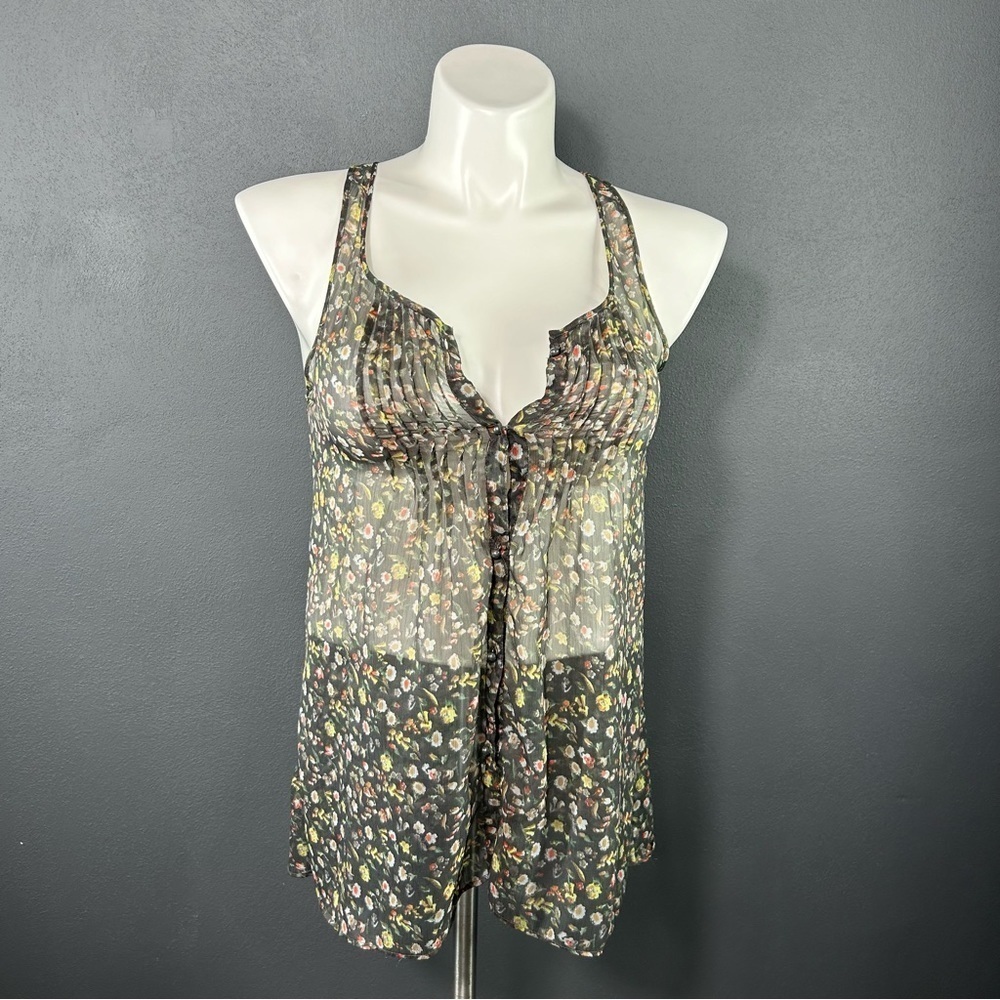 Aerie Green Floral Sheer Button Down Tank Top